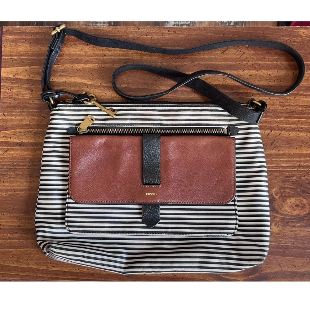 FOSSIL Black White Striped Leather Textile Crossbody Purse